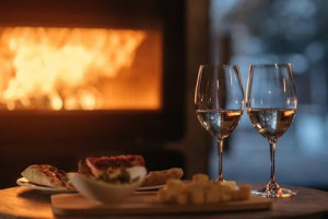 An image of two wine glasses and an appetizer in front of a fireplace